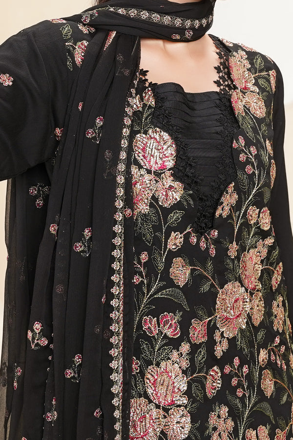 Husan e Jahan - Luxury Chiffon Outfit with Chiffon Dupatta - Ready to Wear - V2 - Eid25 - 07 - HEJBlack-V207