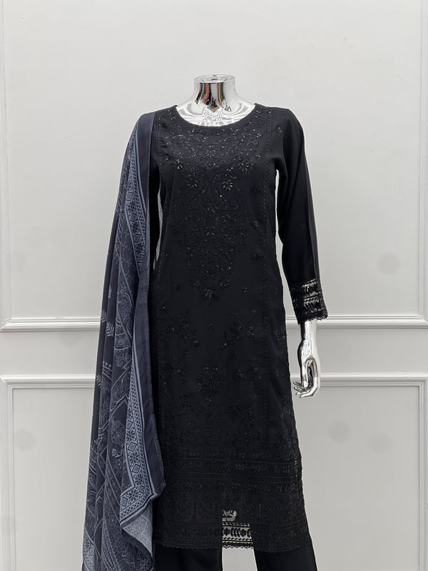 Budget Wear - Black Embroidered Dhanak Outfit- Ready to Wear -SD-SA04