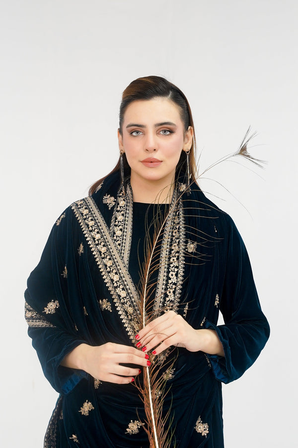 Rozi - Luxury Velvet Outfit with Embroidered Velvet Shawl - Zinc