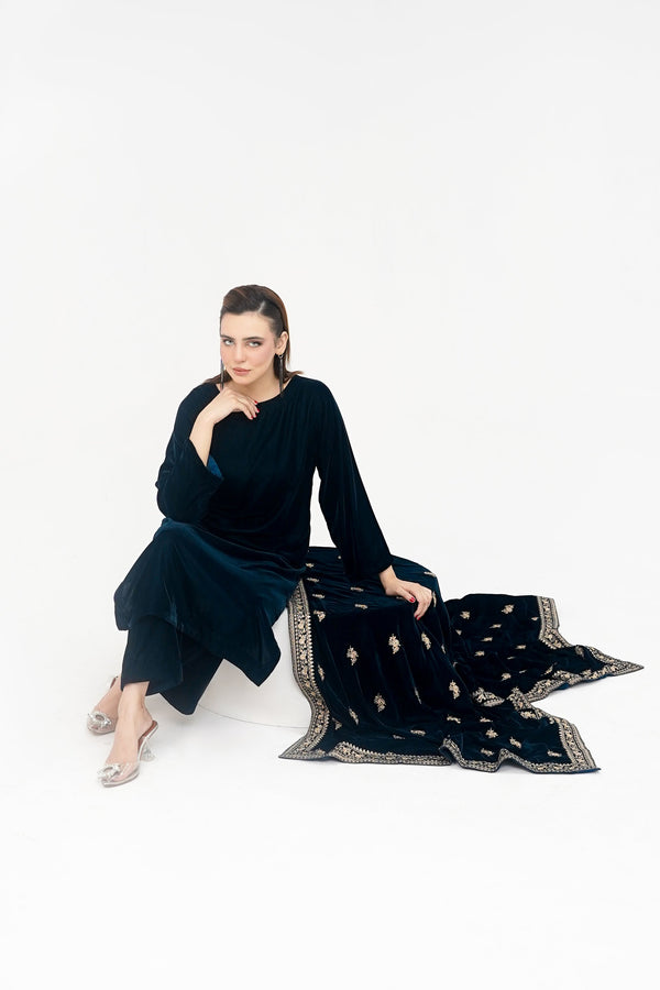 Rozi - Luxury Velvet Outfit with Embroidered Velvet Shawl - Zinc