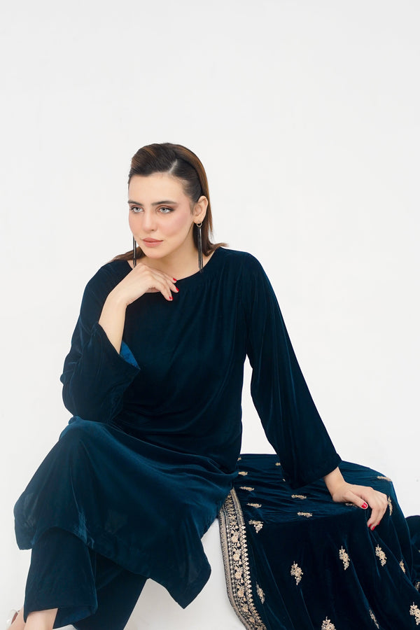 Rozi - Luxury Velvet Outfit with Embroidered Velvet Shawl - Zinc