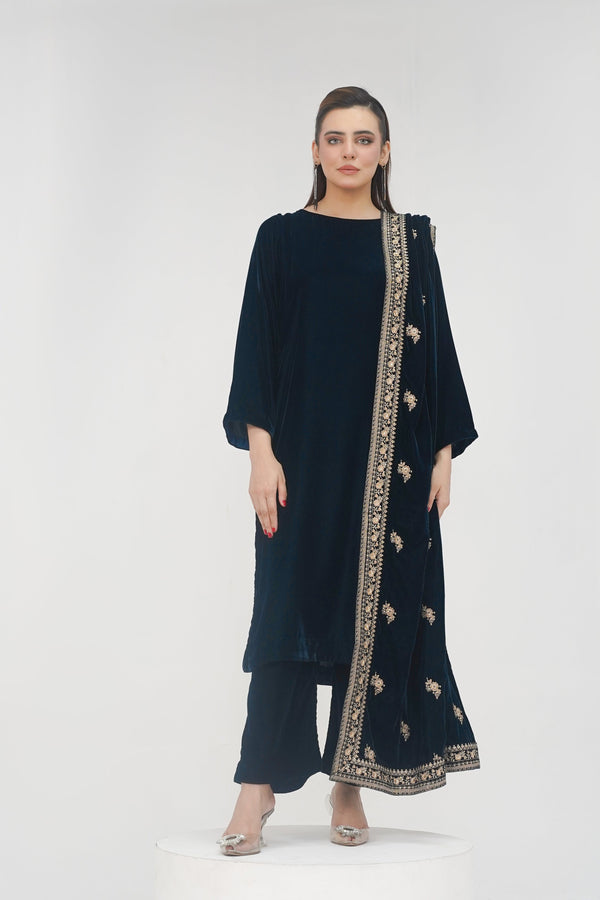 Rozi - Luxury Velvet Outfit with Embroidered Velvet Shawl - Zinc