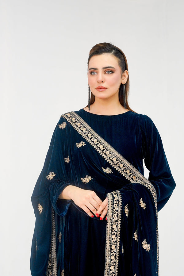 Rozi - Luxury Velvet Outfit with Embroidered Velvet Shawl - Zinc