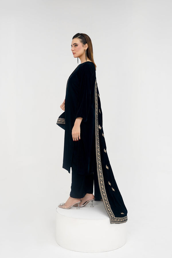 Rozi - Luxury Velvet Outfit with Embroidered Velvet Shawl - Zinc