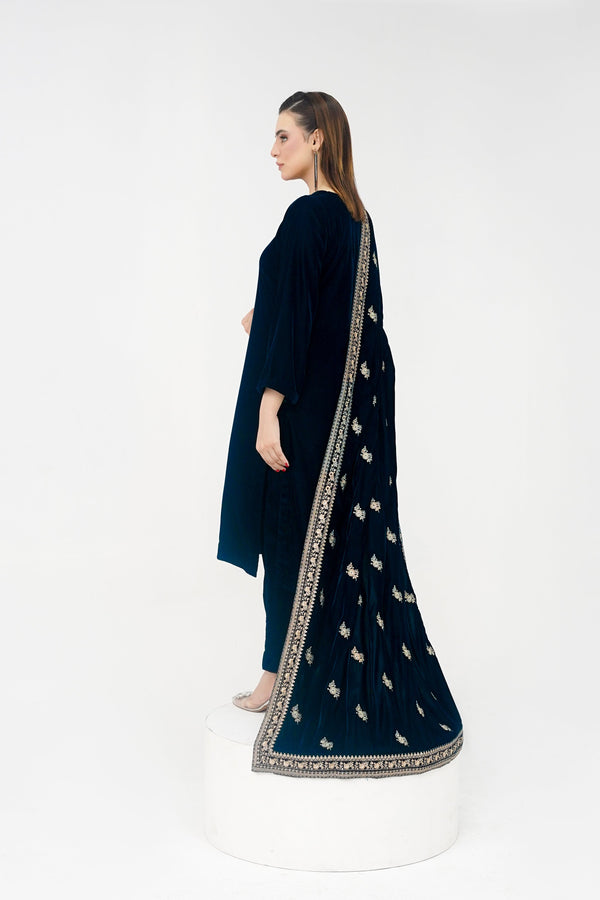 Rozi - Luxury Velvet Outfit with Embroidered Velvet Shawl - Zinc