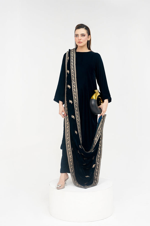 Rozi - Luxury Velvet Outfit with Embroidered Velvet Shawl - Zinc