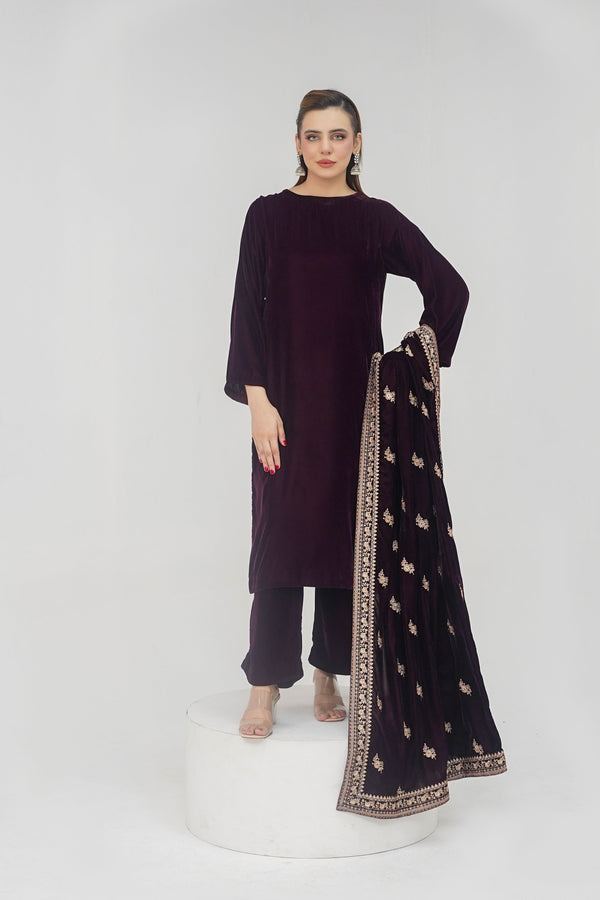 Rozi - Luxury Velvet Outfit with Embroidered Velvet Shawl - Plum