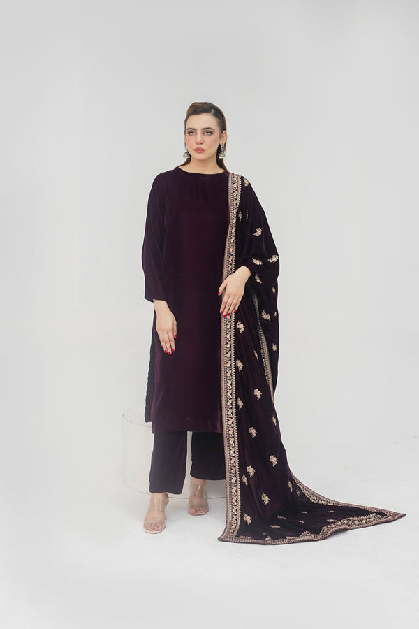 Rozi - Luxury Velvet Outfit with Embroidered Velvet Shawl - Plum
