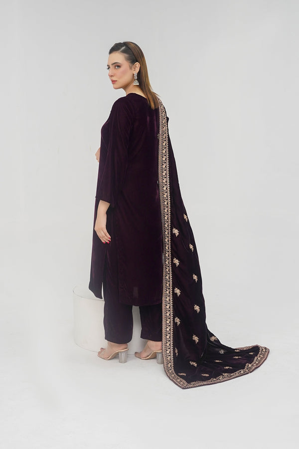 Rozi - Luxury Velvet Outfit with Embroidered Velvet Shawl - Plum