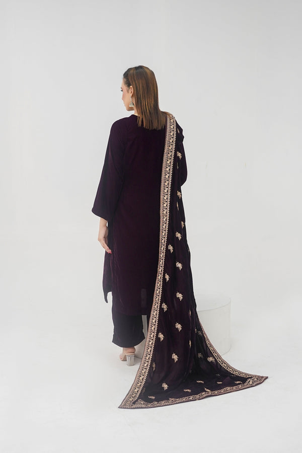 Rozi - Luxury Velvet Outfit with Embroidered Velvet Shawl - Plum