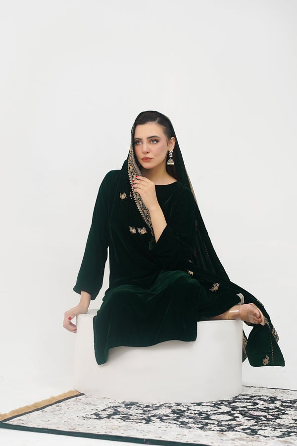 Rozi - Luxury Velvet Outfit with Embroidered Velvet Shawl - Emerald Green