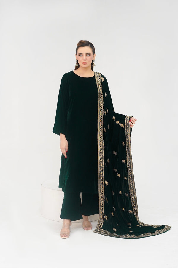 Rozi - Luxury Velvet Outfit with Embroidered Velvet Shawl - Emerald Green