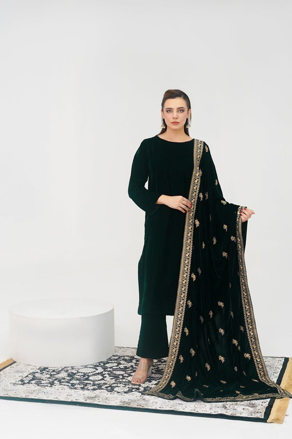 Rozi - Luxury Velvet Outfit with Embroidered Velvet Shawl - Emerald Green