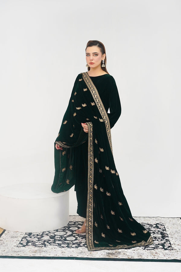 Rozi - Luxury Velvet Outfit with Embroidered Velvet Shawl - Emerald Green