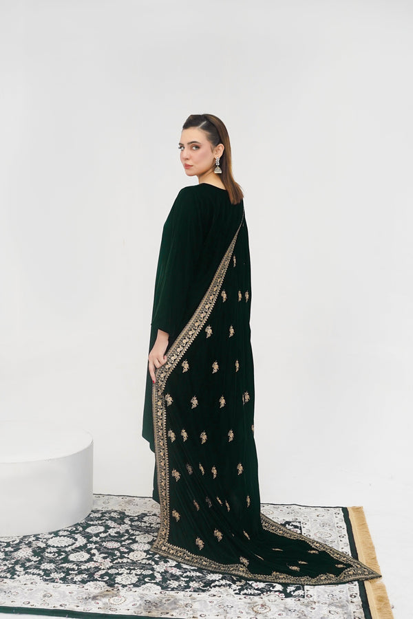 Rozi - Luxury Velvet Outfit with Embroidered Velvet Shawl - Emerald Green