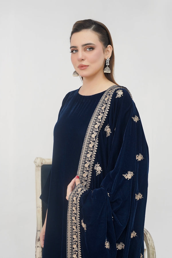 Rozi - Luxury Velvet Outfit with Sequin Embroidered Velvet Shawl - Navy Blue