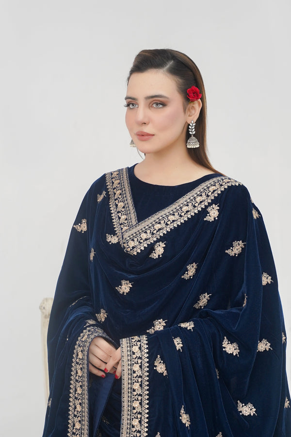 Rozi - Luxury Velvet Outfit with Sequin Embroidered Velvet Shawl - Navy Blue