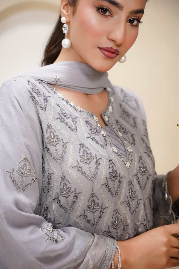 Husan e Jahan - Luxury Chiffon Outfit with Chiffon Dupatta - Ready to Wear - Eid25 - HEJGreyV3D2