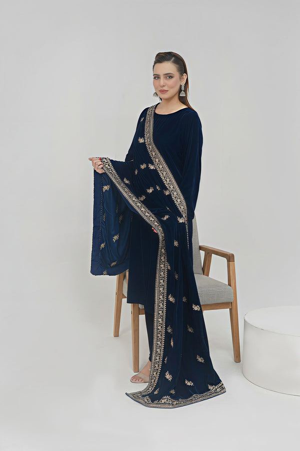 Rozi - Luxury Velvet Outfit with Sequin Embroidered Velvet Shawl - Navy Blue