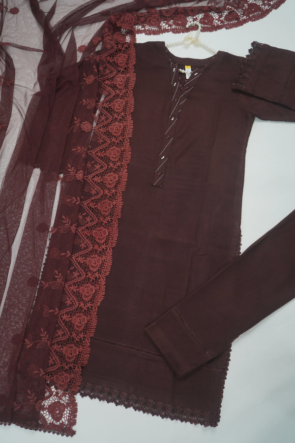 Rozi - Premium Peach Leather Suit with Embroidered Dupatta - Chocolate Brown - Winter Collection