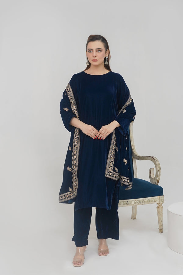 Rozi - Luxury Velvet Outfit with Sequin Embroidered Velvet Shawl - Navy Blue