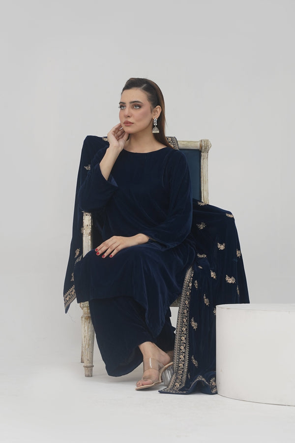 Rozi - Luxury Velvet Outfit with Sequin Embroidered Velvet Shawl - Navy Blue