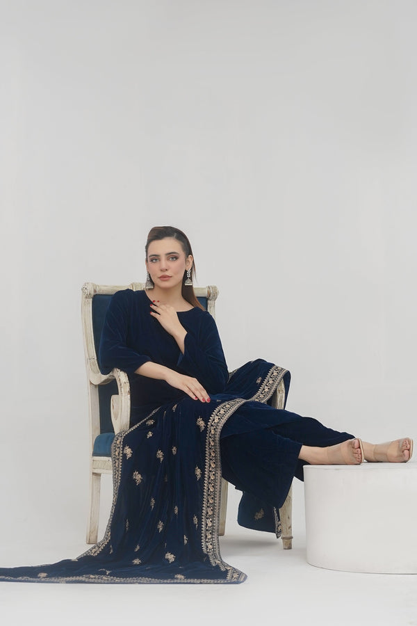 Rozi - Luxury Velvet Outfit with Sequin Embroidered Velvet Shawl - Navy Blue