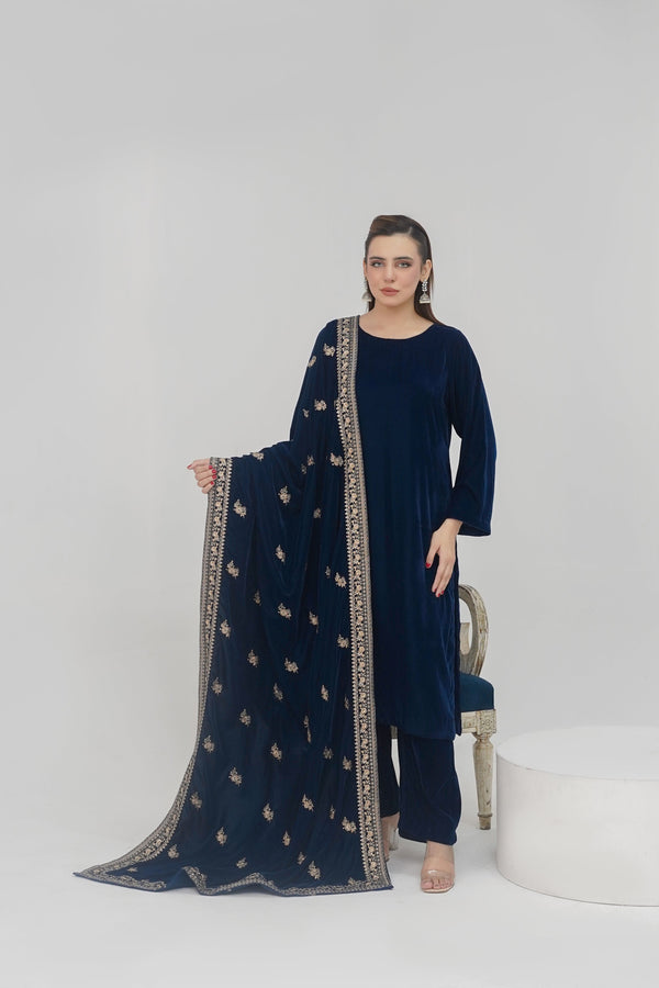 Rozi - Luxury Velvet Outfit with Sequin Embroidered Velvet Shawl - Navy Blue