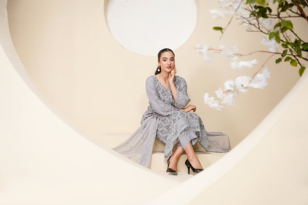 Husan e Jahan - Luxury Chiffon Outfit with Chiffon Dupatta - Ready to Wear - Eid25 - HEJGreyV3D2