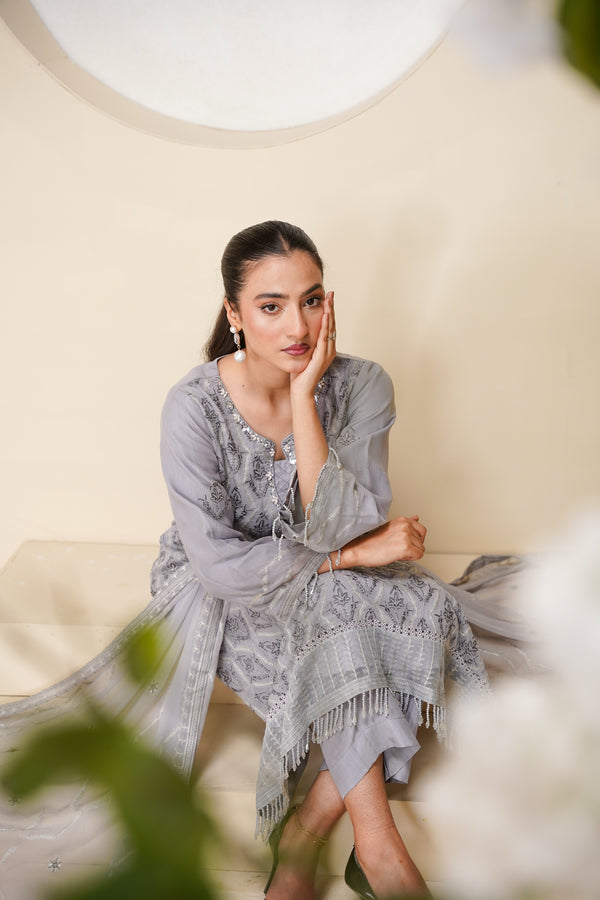 Husan e Jahan - Luxury Chiffon Outfit with Chiffon Dupatta - Ready to Wear - Eid25 - HEJGreyV3D2