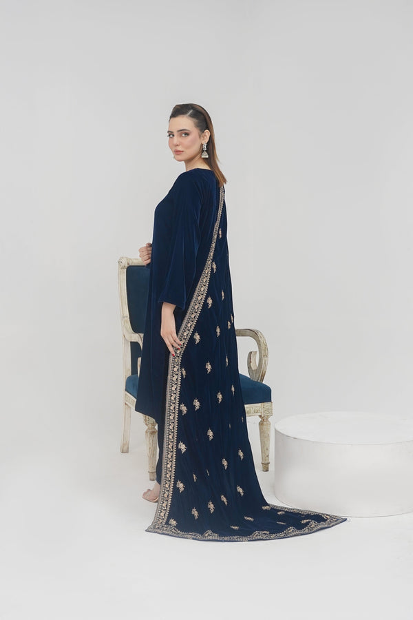 Rozi - Luxury Velvet Outfit with Sequin Embroidered Velvet Shawl - Navy Blue