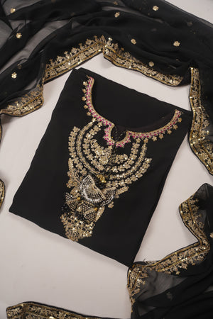 Chiffon Outfit with Chiffon Dupatta and Plazzo  - Ready to Wear - Black-SD251