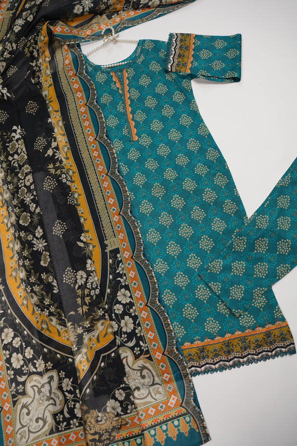 Rozi - Luxury Cotton Lawn Outfit With Voile Dupatta - Ready to Wear PD011