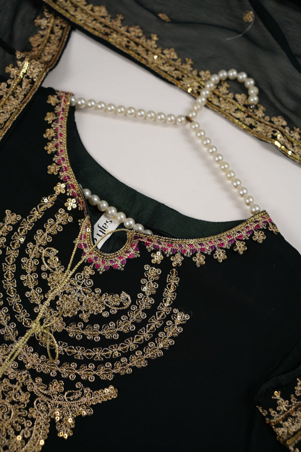 Husan e Jahan - Chiffon Outfit with Chiffon Dupatta and Plazzo - Ready to Wear - MC261 - Emerald Green