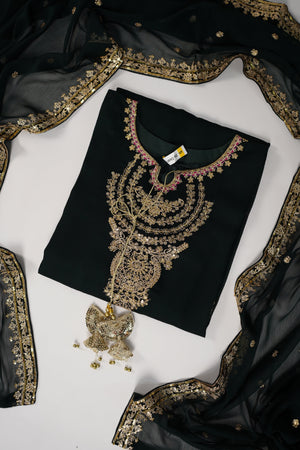 Chiffon Outfit with Chiffon Dupatta and Plazzo  - Ready to Wear - Emerald Green-SD251