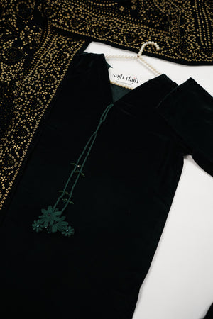 Tawakkal - Luxury Velvet Outfit with Embroidered Velvet Shawl Green
