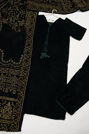 Tawakkal - Luxury Velvet Outfit with Embroidered Velvet Shawl Green