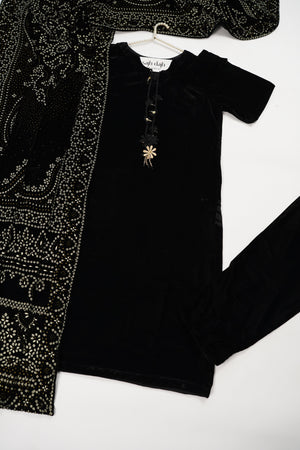 Tawakkal - Luxury Velvet Outfit with Embroidered Velvet Shawl Black
