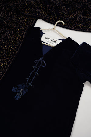 Tawakkal - Luxury Velvet Outfit with Embroidered Velvet Shawl  Navy blue