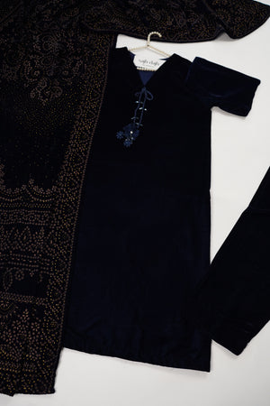 Tawakkal - Luxury Velvet Outfit with Embroidered Velvet Shawl  Navy blue