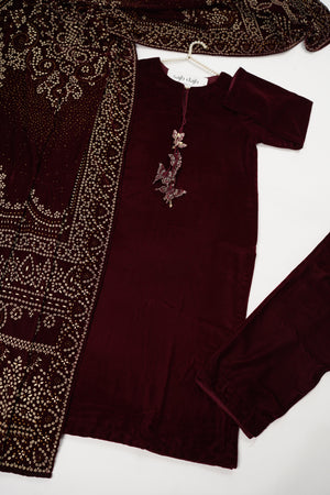 Tawakkal - Luxury Velvet Outfit with Embroidered Velvet Shawl  Mehron