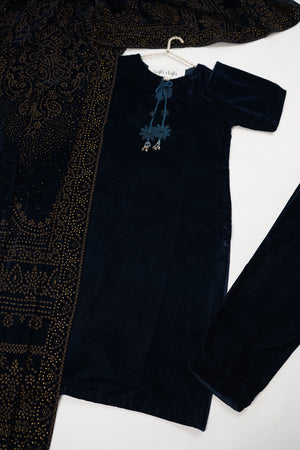 Tawakkal - Luxury Velvet Outfit with Embroidered Velvet Shawl  Zinc