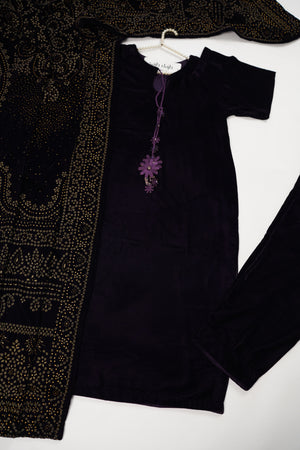 Tawakkal - Luxury Velvet Outfit with Embroidered Velvet Shawl dark purple