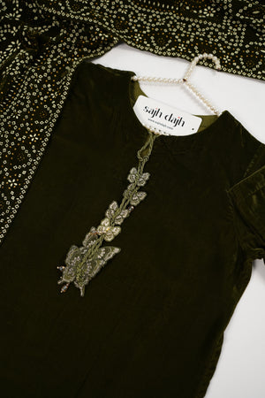 Tawakkal - Luxury Velvet Outfit with Embroidered Velvet Shawl  Mehndi