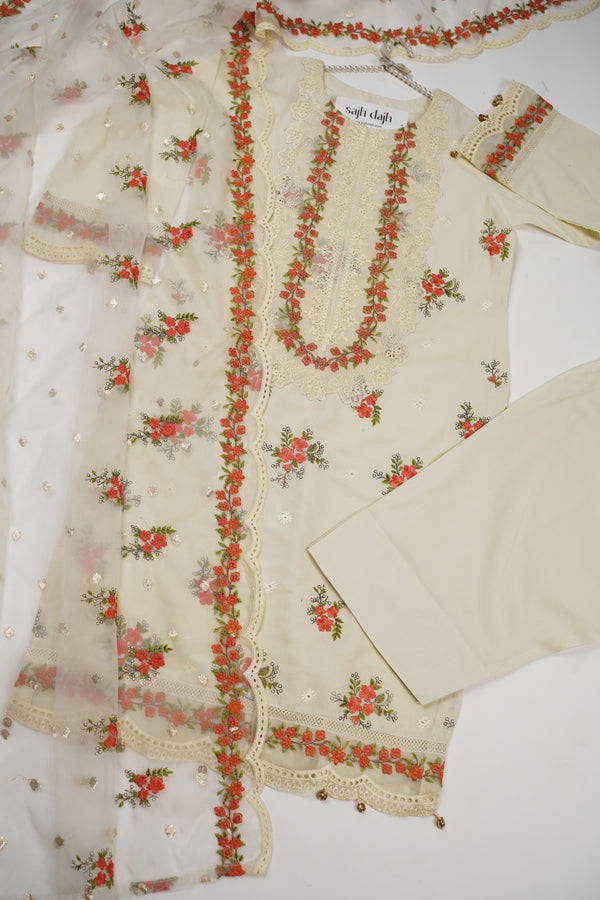 Rozi  - Farshi Shalwar - Luxury Cotton Lawn Outfit With Organza Dupatta - Ready to Wear PD027
