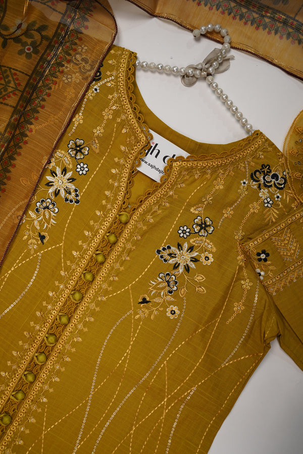 Rozi - Premium Embroidered Lawn Outfit with Voile Dupatta - Ready to Wear PD035