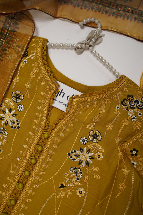 Rozi - Premium Embroidered Lawn Outfit with Voile Dupatta - Ready to Wear PD035