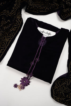 Tawakkal - Luxury Velvet Outfit with Embroidered Velvet Shawl dark purple