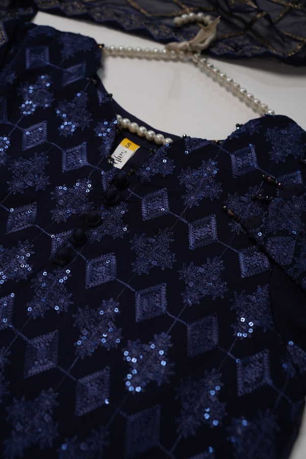 Husan e Jahan - Luxury Chiffon Outfit with Chiffon Dupatta - Ready to Wear - HEJ-V4-D6 navy blue