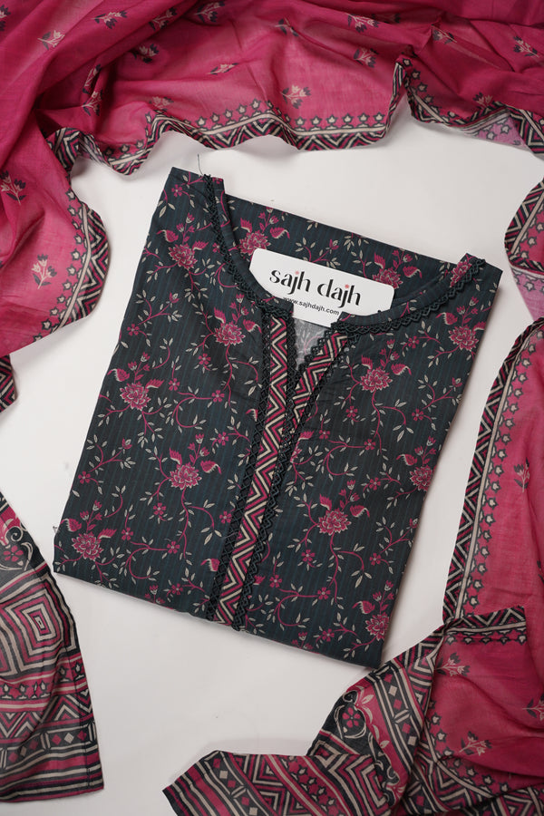 Bin Saeed Originals - Lawn Outfit with Lawn Dupatta - Ready to wear PD048 navy blue